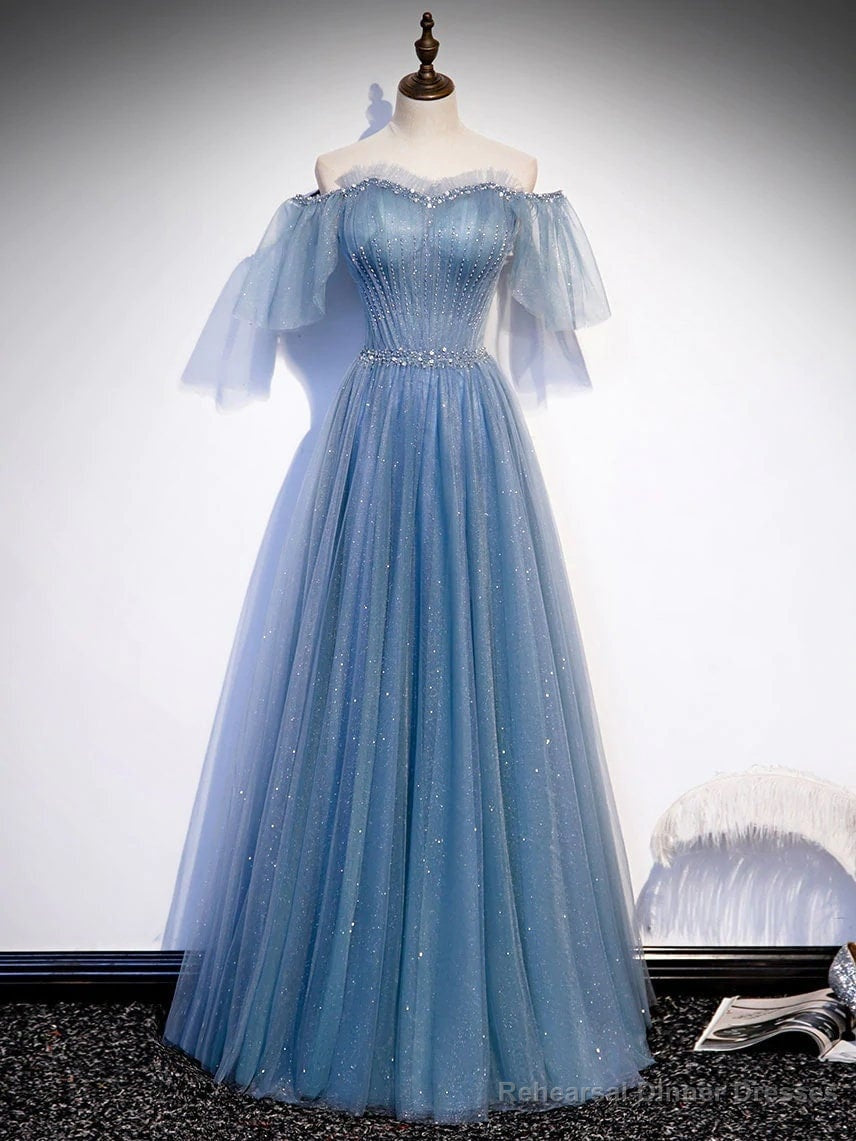 Sweetheart-Neck Tulle Flare Sleeves Beaded Sequin Prom Dresses Formal Evening Dresses