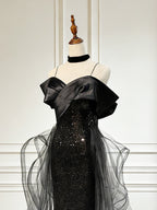 Sweetheart Off Shoulder Tulle Sequin Sweep Train Black Long Prom Dress