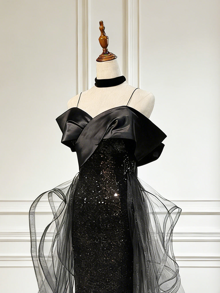 Sweetheart Off Shoulder Tulle Sequin Sweep Train Black Long Prom Dress