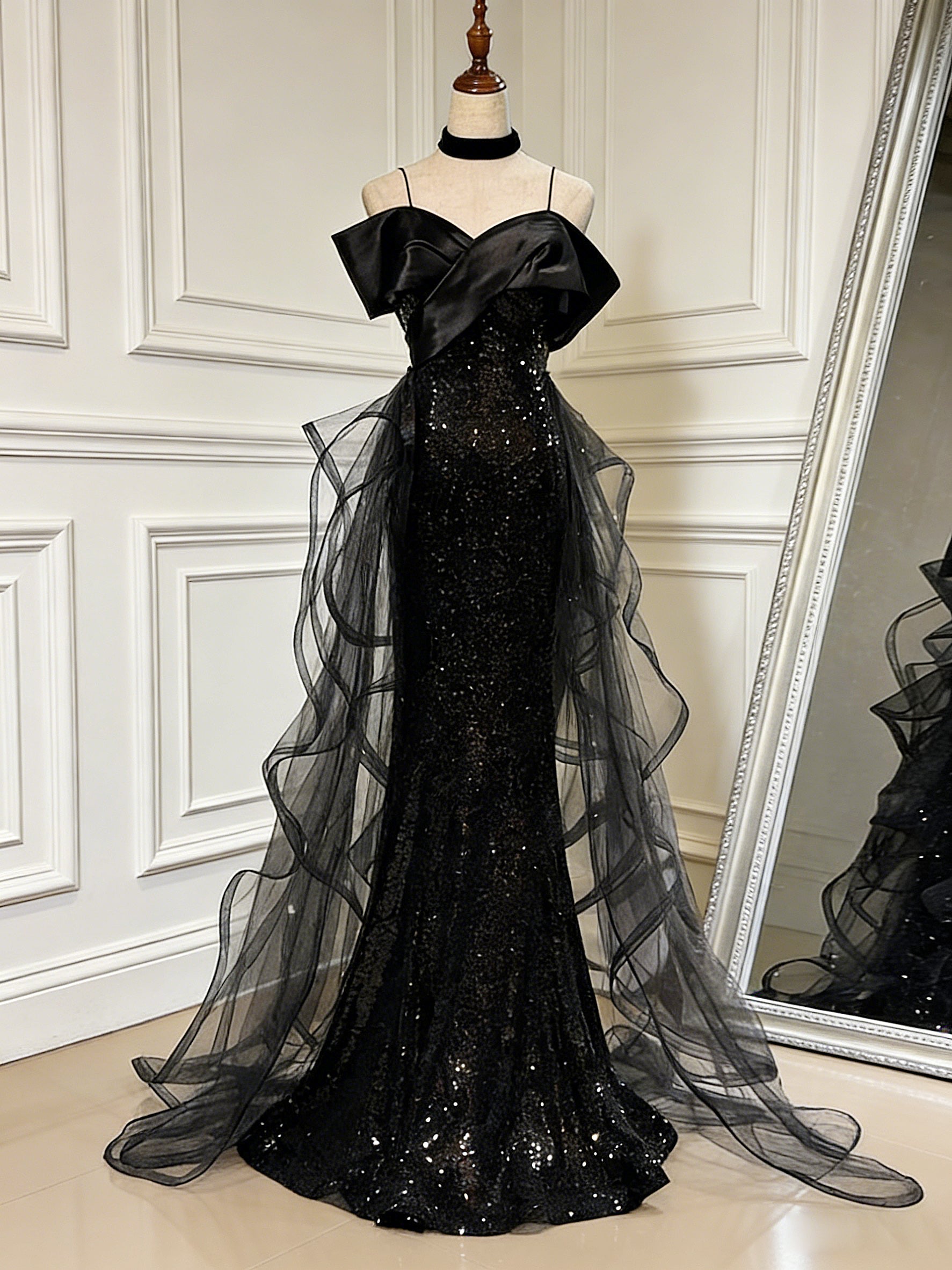 Sweetheart Off Shoulder Tulle Sequin Sweep Train Black Long Prom Dress Main image