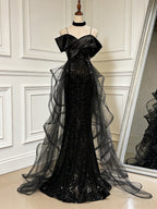 Sweetheart Off Shoulder Tulle Sequin Sweep Train Black Long Prom Dress