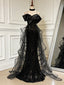 Sweetheart Off Shoulder Tulle Sequin Sweep Train Black Long Prom Dress