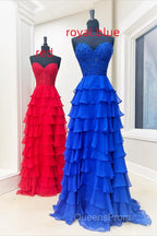 Sweetheart Red Corset Chiffon Ruffle Long Evening Prom Dress