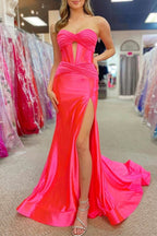 Sweetheart Satin Mermaid Long Prom Dress With Slit