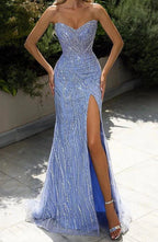 Blue Fashion Shiny Off-Shoulder Sequins Elegant Tight Long Slit Ball Gown Classy Evening Dress