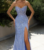 Blue Fashion Shiny Off-Shoulder Sequins Elegant Tight Long Slit Ball Gown Classy Evening Dress