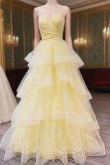 Sweetheart Tulle Yellow Ruffles Long Evening Prom Dress