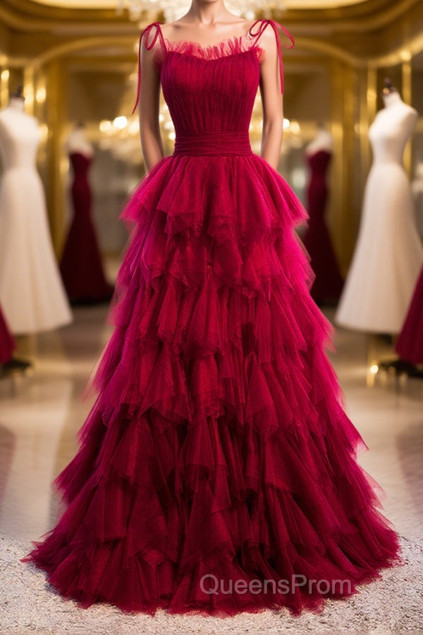 A-Line Long Spaghetti Strap Evening Prom Dress, Cute Layers Tulle Evening Dress Main image