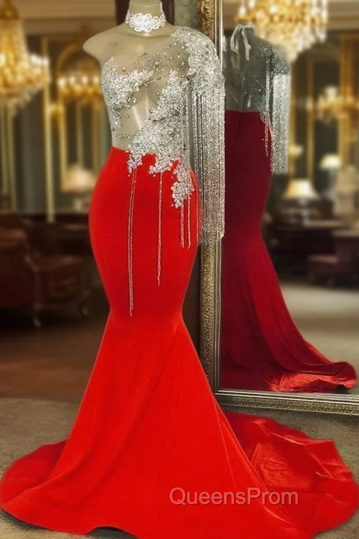 Tassel Evening Prom Dress, One Shoulder Evening Prom Dress, Mermaid Evening Prom Dress, Red Evening Prom Dress Main image