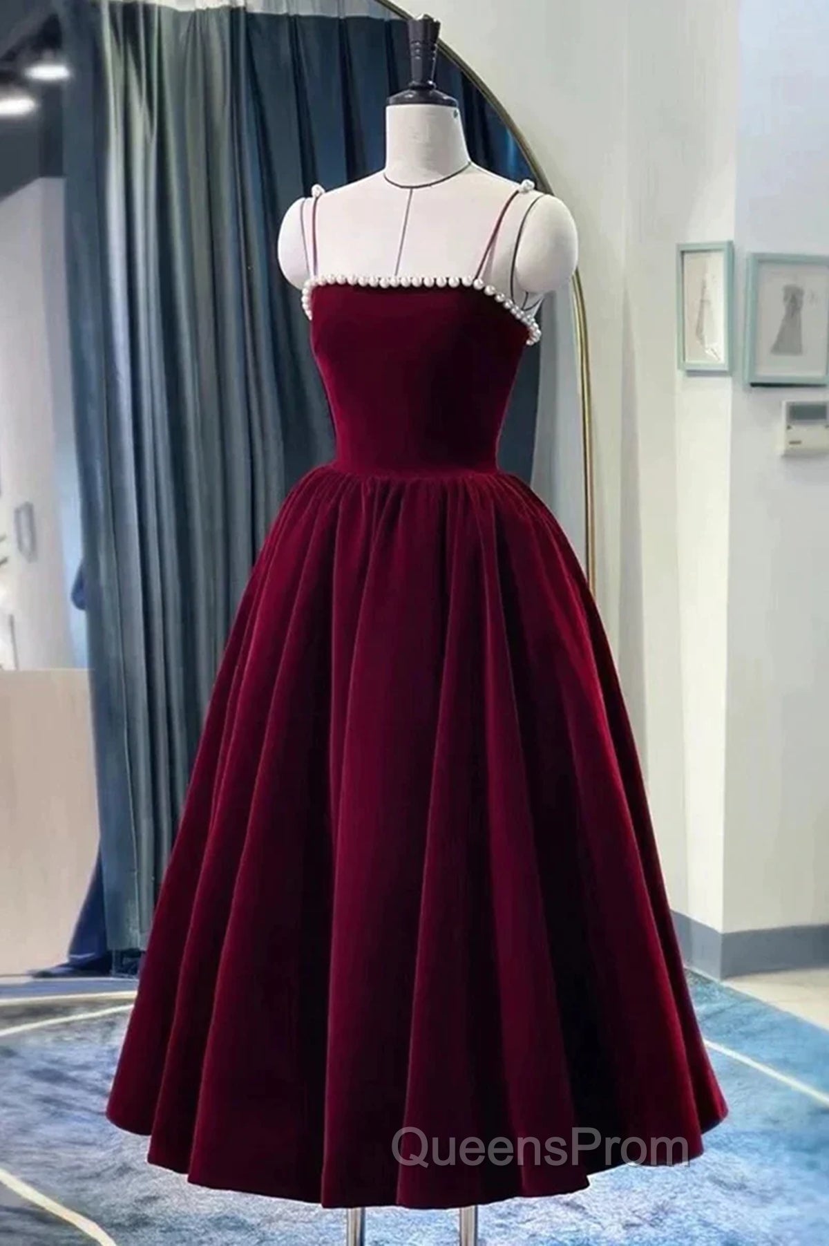 Tea Length Velvet Evening Prom Dress, Velvet Tea Length Formal Homecoming Dress Secondary image