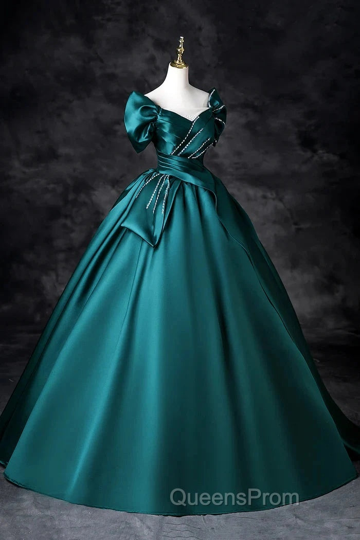 Teal A-Line Off The Shoulder Satin Long Evening Prom Dress, Elegant Evening Dress Secondary image