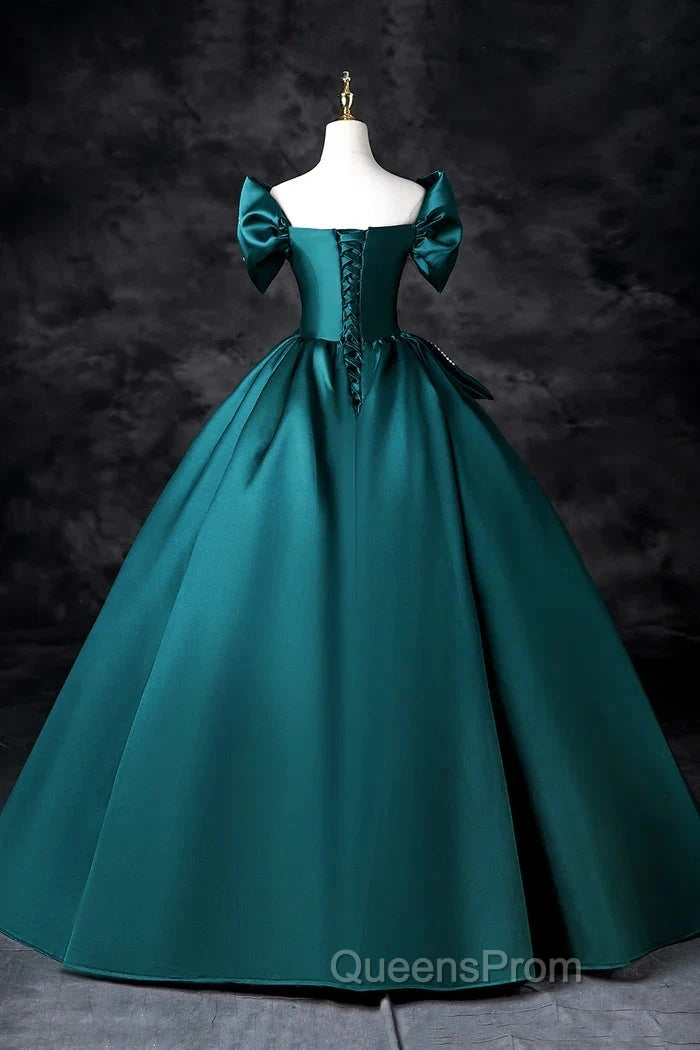 Teal A-Line Off The Shoulder Satin Long Evening Prom Dress, Elegant Evening Dress