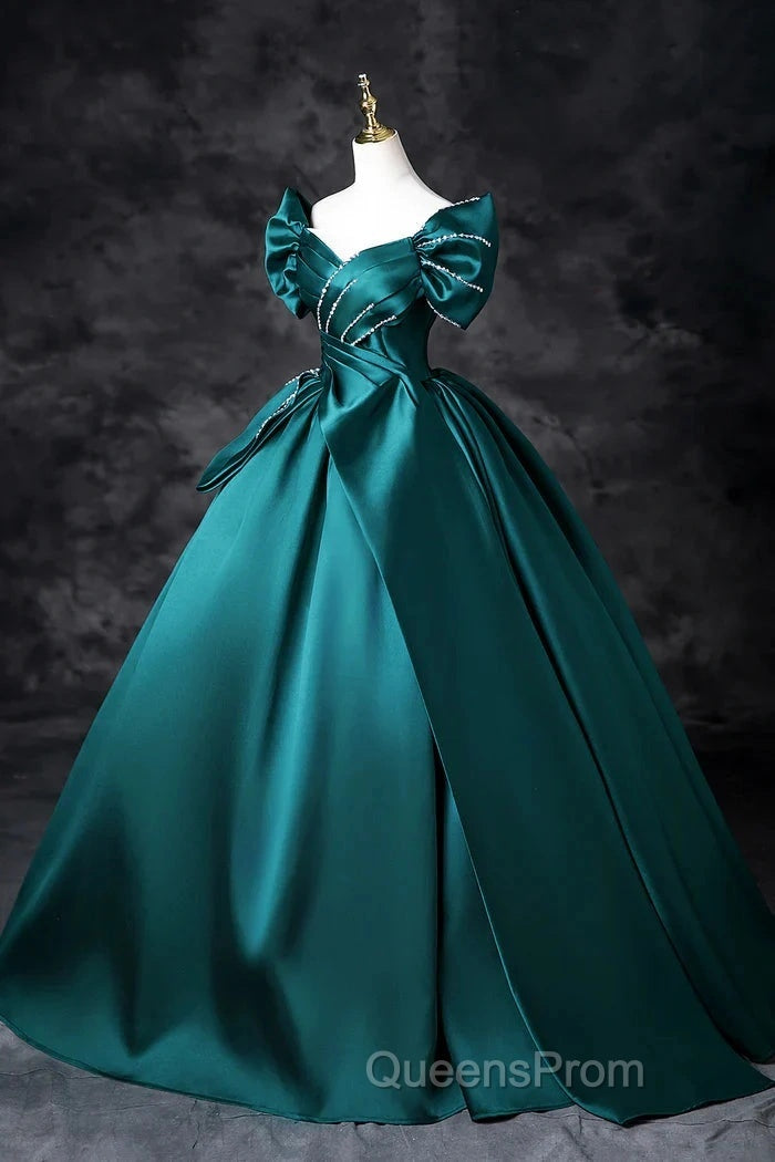 Teal A-Line Off The Shoulder Satin Long Evening Prom Dress, Elegant Evening Dress
