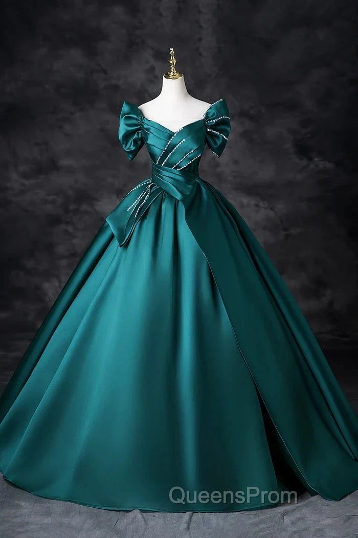 Teal A-Line Off The Shoulder Satin Long Evening Prom Dress, Elegant Evening Dress