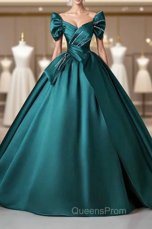 Teal A-Line Off The Shoulder Satin Long Evening Prom Dress, Elegant Evening Dress Main image
