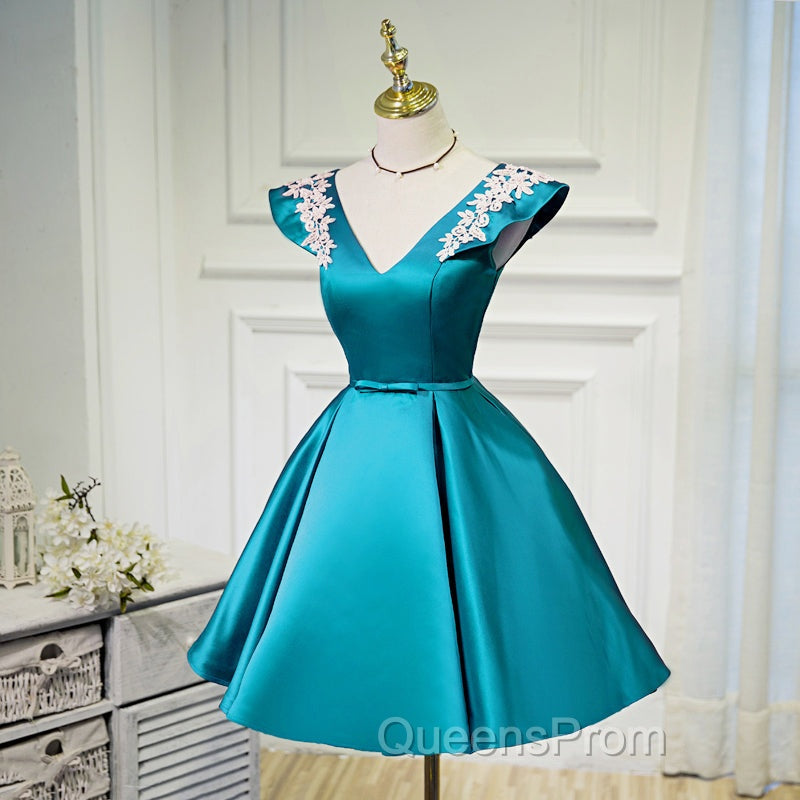 Teal Blue Satin Short Party Dress With White Lace, Blue Homecoming Dress Evening Prom Dress Secondary image