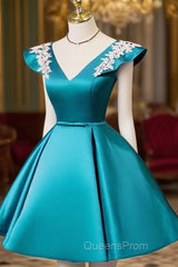 Teal Blue Satin Short Party Dress With White Lace, Blue Homecoming Dress Evening Prom Dress