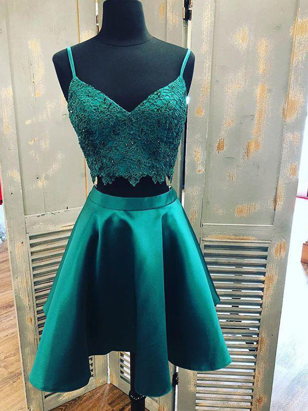 Teal Green Spaghetti Strap Two Piece Lace Satin Homecoming Dress