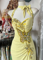 Temperament Yellow Mermaid Halter Neck Sequin Diamond Long Evening Prom Dress Birthday Dress