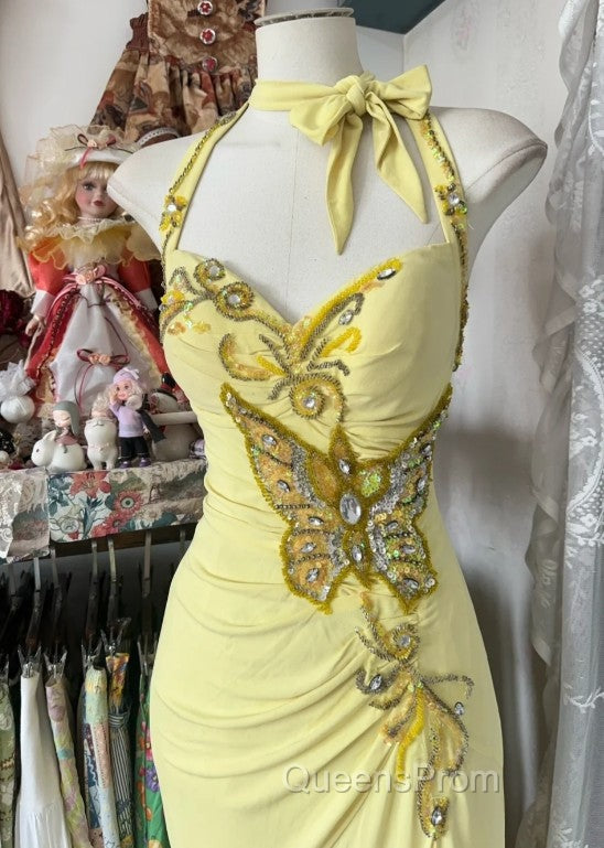 Temperament Yellow Mermaid Halter Neck Sequin Diamond Long Evening Prom Dress Birthday Dress