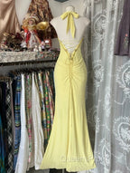 Temperament Yellow Mermaid Halter Neck Sequin Diamond Long Evening Prom Dress Birthday Dress