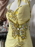 Temperament Yellow Mermaid Halter Neck Sequin Diamond Long Evening Prom Dress Birthday Dress