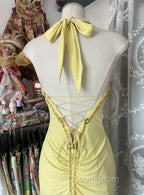 Temperament Yellow Mermaid Halter Neck Sequin Diamond Long Evening Prom Dress Birthday Dress