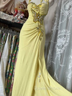Temperament Yellow Mermaid Halter Neck Sequin Diamond Long Evening Prom Dress Birthday Dress