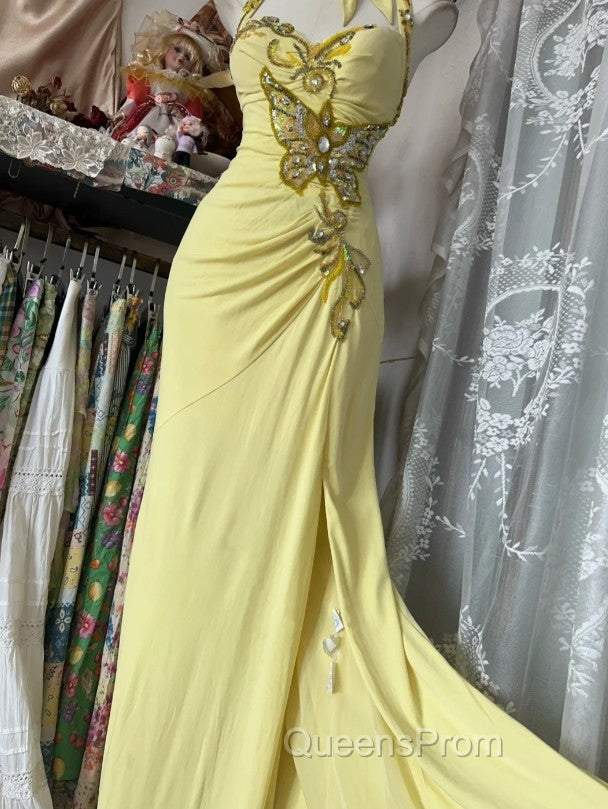 Temperament Yellow Mermaid Halter Neck Sequin Diamond Long Evening Prom Dress Birthday Dress