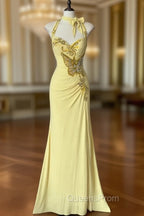 Temperament Yellow Mermaid Halter Neck Sequin Diamond Long Evening Prom Dress Birthday Dress