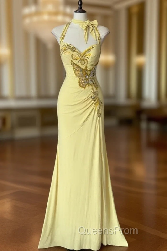 Temperament Yellow Mermaid Halter Neck Sequin Diamond Long Evening Prom Dress Birthday Dress