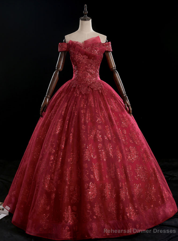 The Largest Variety Of Styles Burgundy Ball Gown Tulle Sequins Off the Shoulder Quinceanera Dress Main image