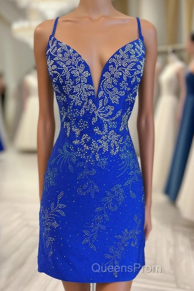 Royal Blue Beaded Plunge V Lace-Up Short Homecoming Dress Main image