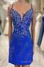 Royal Blue Beaded Plunge V Lace-Up Short Homecoming Dress