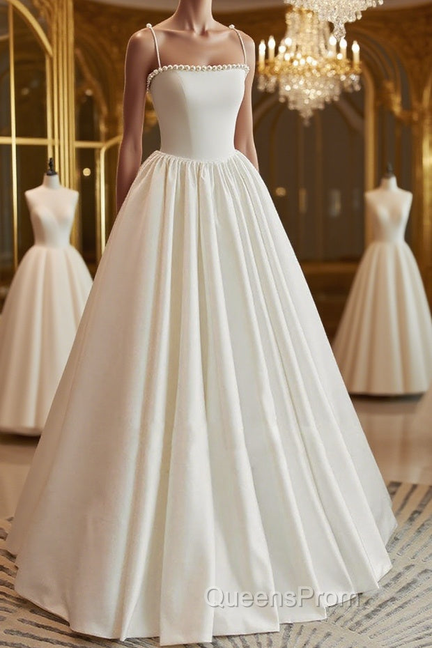 Thin Straps Open Back Ivory Satin Long Evening Prom Dress with Pearls, Long Ivory Formal Graduation Evening Dress Main image