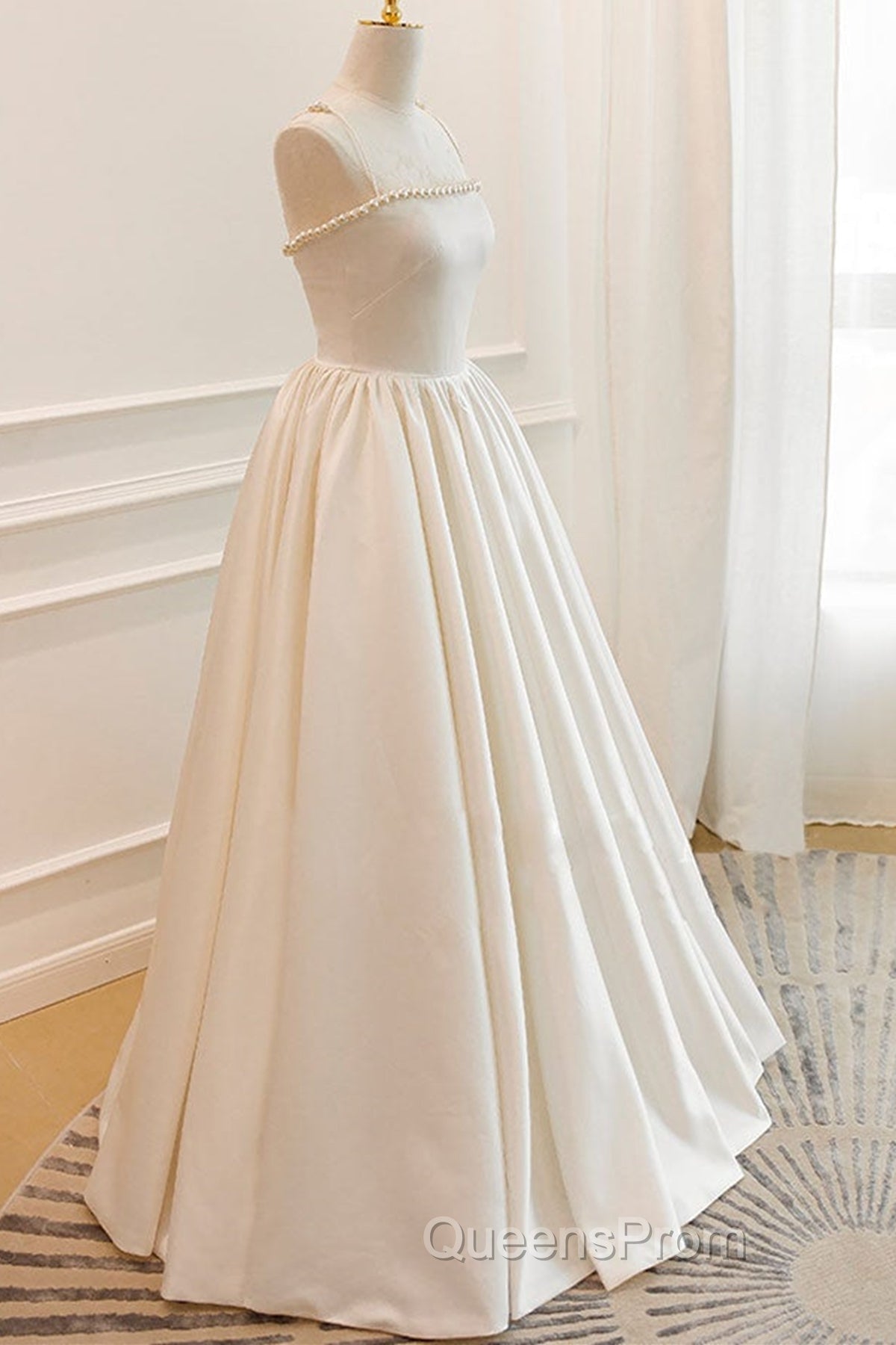 Thin Straps Open Back Ivory Satin Long Evening Prom Dress with Pearls, Long Ivory Formal Graduation Evening Dress Secondary image