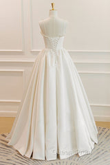 Thin Straps Open Back Ivory Satin Long Evening Prom Dress with Pearls, Long Ivory Formal Graduation Evening Dress