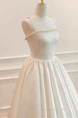Thin Straps Open Back Ivory Satin Long Evening Prom Dress with Pearls, Long Ivory Formal Graduation Evening Dress