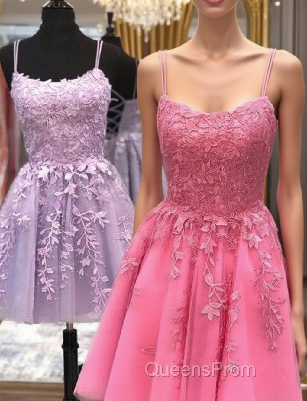 Thin Straps Short Purple Pink Lace Evening Prom Dress, Short Purple Pink Lace Graduation Homecoming Dress Main image