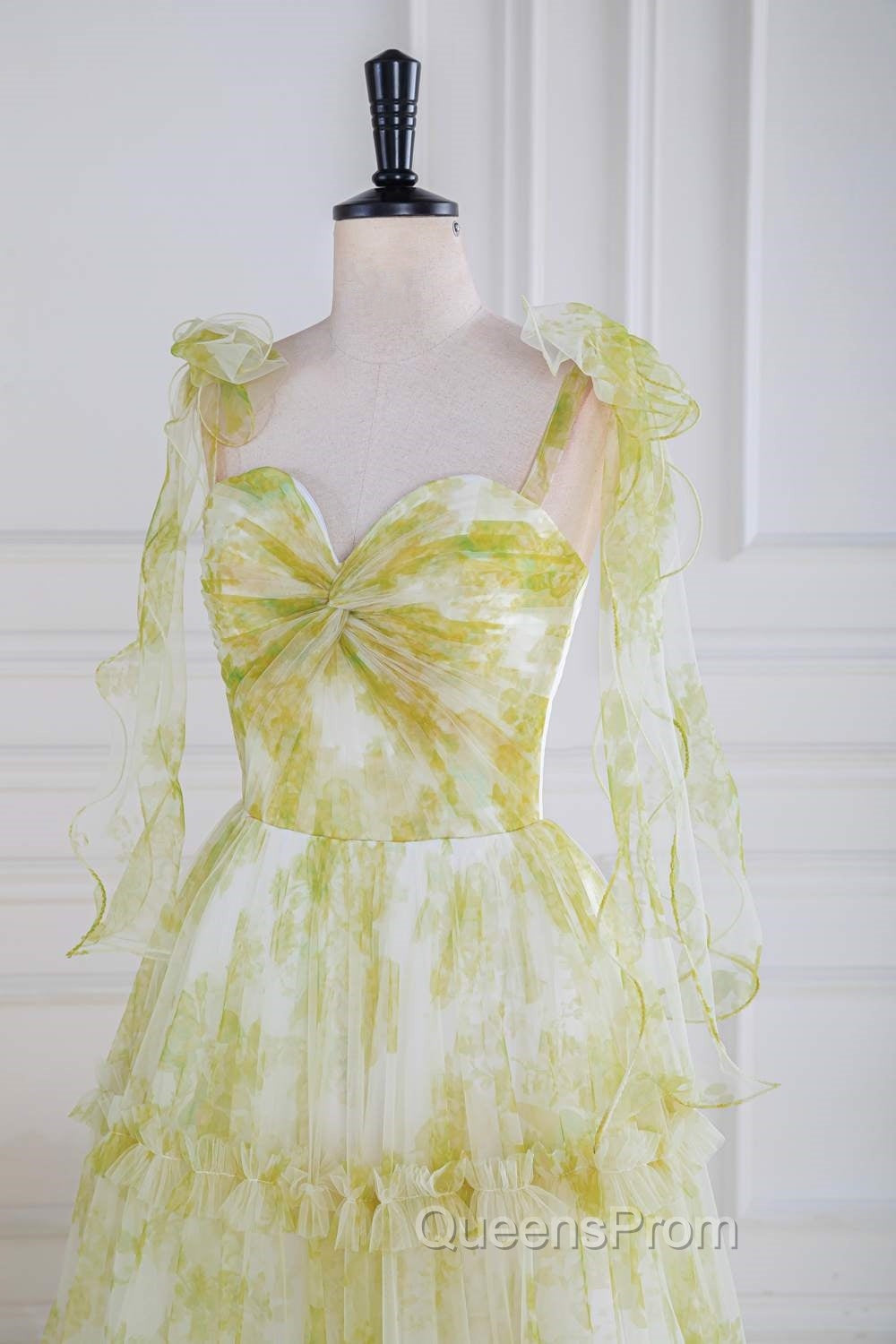 Tie Straps Yellow Floral Print Ruffles Tulle Long Evening Prom Dress Secondary image