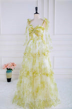 Tie Straps Yellow Floral Print Ruffles Tulle Long Evening Prom Dress