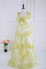 Tie Straps Yellow Floral Print Ruffles Tulle Long Evening Prom Dress