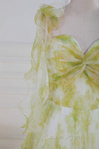 Tie Straps Yellow Floral Print Ruffles Tulle Long Evening Prom Dress