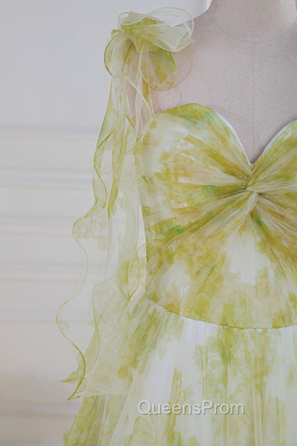 Tie Straps Yellow Floral Print Ruffles Tulle Long Evening Prom Dress