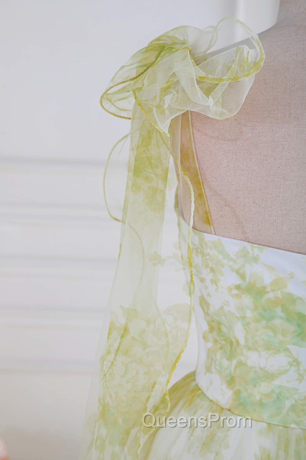 Tie Straps Yellow Floral Print Ruffles Tulle Long Evening Prom Dress