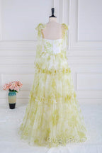 Tie Straps Yellow Floral Print Ruffles Tulle Long Evening Prom Dress