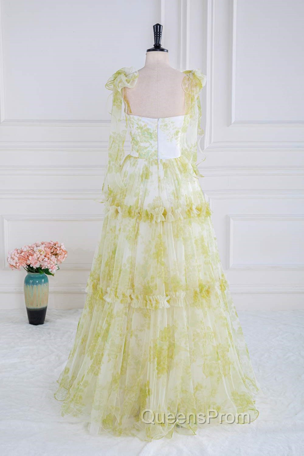 Tie Straps Yellow Floral Print Ruffles Tulle Long Evening Prom Dress