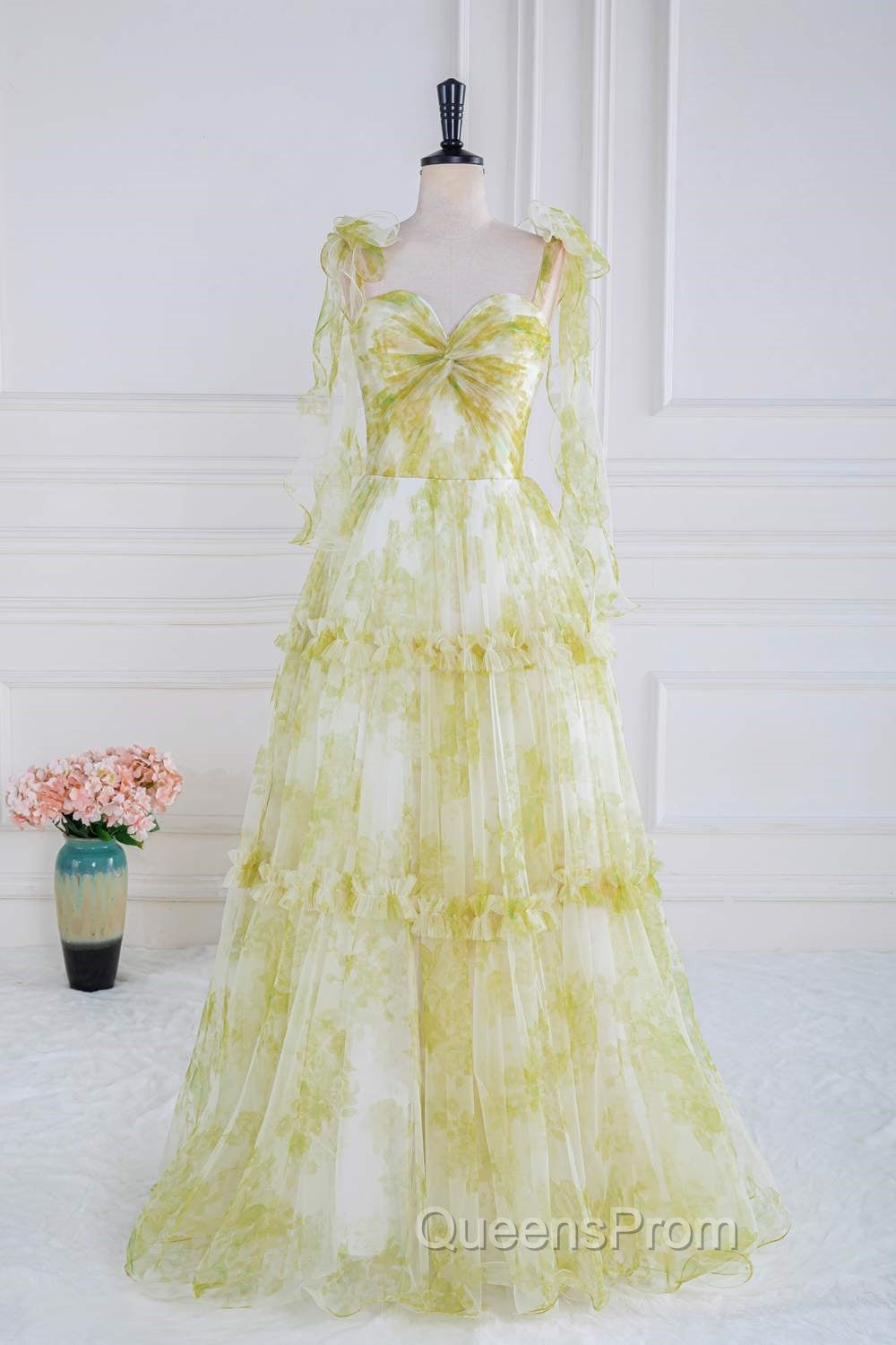 Tie Straps Yellow Floral Print Ruffles Tulle Long Evening Prom Dress