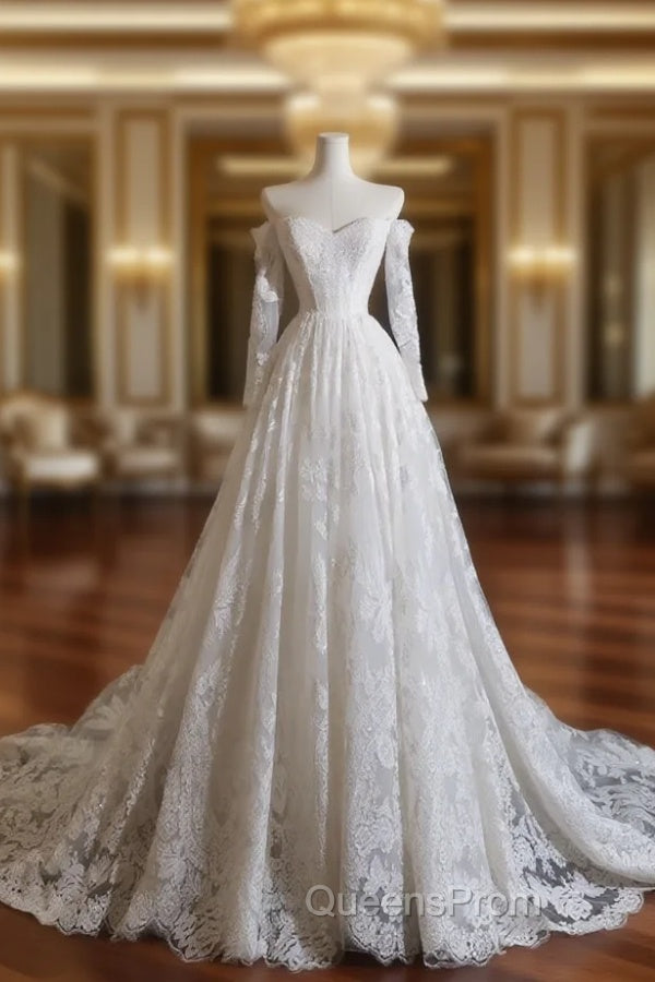 Timeless A Line Off The Shoulder White Lace Long Sleeves Wedding Dress Bridal Dress Main image