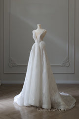 Timeless A Line V Neckline Sequin Sleeveless White Wedding Dress Brides Dress